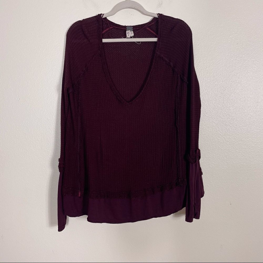 Free People Maroon V Neck Waffle Knit Thermal Long Sleeve Top XS